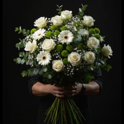 Bouquet "Majesté Blanche & Verte" ​L'Esprit de la Création ​Une composition spectaculaire qui impose par son volume et sa fraîcheur éclatante. Ce bouquet "énorme" joue sur un contraste chic et naturel entre le blanc immaculé des fleurs et le vert vivifiant des feuillages. Sa structure aérienne et sa générosité en font une pièce d'exception, parfaite pour marquer un grand événement, décorer un bel intérieur ou offrir un cadeau véritablement mémorable. ​Détails de la Composition ​Chaque bouquet est une pièce d'orfèvrerie végétale, assemblée pour maximiser le relief et la légèreté : ​Fleurs Nobles : Une profusion de roses blanches à gros boutons, sélectionnées pour leur tenue et leur élégance intemporelle. ​Cœur de Bouquet : Des germinis blancs éclatants qui apportent une luminosité constante et des Santinis verts pompon pour une touche de structure moderne. ​Finition Vaporeuse : Un nuage de gypsophile blanc vient s'immiscer entre les fleurs pour créer ce volume si particulier. ​Écrin Végétal : De larges branches d'eucalyptus aux reflets argentés qui accentuent l'envergure du bouquet tout en diffusant un parfum frais et apaisant.