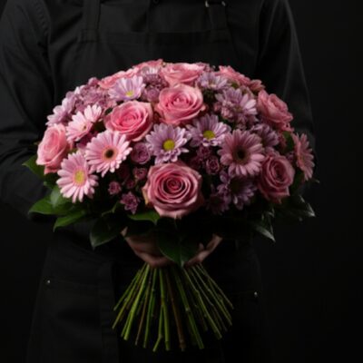 Bouquet "Camaïeu de Tendresse" ​L'Esprit de la Création ​Une ode à la féminité et à la douceur. Ce bouquet rond, d'une régularité parfaite, offre une immersion dans toutes les nuances du rose. Sa forme structurée et son dégradé subtil en font une création à la fois rassurante et élégante, idéale pour célébrer une naissance, un anniversaire ou simplement pour témoigner d'une affection sincère. ​Détails de la Composition ​Chaque création est façonnée avec une précision artisanale dans nos ateliers de Roncq et Wervicq-Sud : ​Fleurs Majeures : Une sélection de roses roses de premier choix, réparties avec soin pour assurer l'équilibre de la forme ronde. ​Cœur de Bouquet : Des germinis roses éclatants qui apportent du relief et de la luminosité à l'ensemble. ​Fleurs de Texture : Un mélange généreux de Bonny roses et de Santinis roses pour une densité parfaite et un aspect velouté. ​Écrin Végétal : Une collerette de feuillage vert profond qui vient souligner la régularité du bouquet et faire ressortir l'intensité des fleurs.