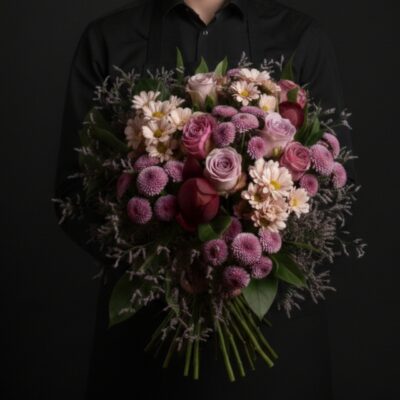 Bouquet "Velours de Minuit" ​L'Esprit de la Création ​Une composition captivante qui joue sur l'élégance des contrastes sombres et poudrés. Ce bouquet volumineux marie la noblesse de la pivoine Bordeaux à la douceur des roses mauves pour un rendu sophistiqué et mystérieux. C'est le cadeau idéal pour marquer un événement d'exception ou pour offrir une touche de luxe floral à votre intérieur. ​Détails de la Composition ​Chaque création est assemblée avec précision pour garantir un équilibre parfait des textures : ​Pièce Maîtresse : Une pivoine Bordeaux au coloris intense pour apporter profondeur et caractère au bouquet. ​Fleurs Majeures : De délicates roses mauves s'harmonisant avec le Bonny crème pour une touche de clarté. ​Cœur de Bouquet : Des Santinis violets pour la structure et la densité, accompagnés de limonium mauve pour un effet vaporeux et léger. ​Finition : Une collerette de feuillage généreuse qui vient souligner la forme ronde et majestueuse de l'ensemble.